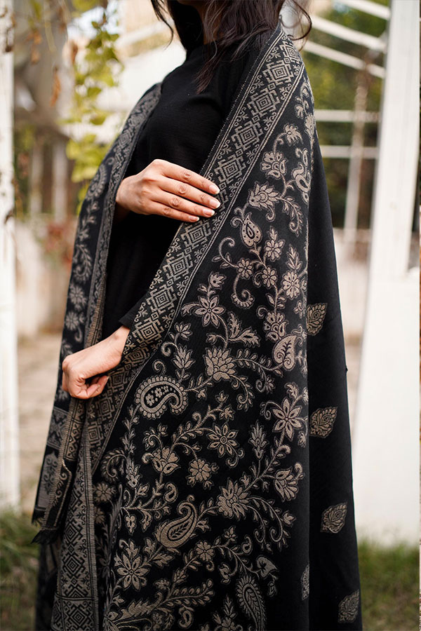 Black Print Pashmina Wool Shawl Shawls by Shameem